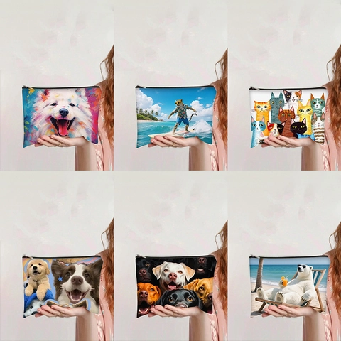 Cartoon Animal Print Canvas Makeup Bag Large Capacity Portable Zipper Cosmetic Pouch Travel Clutch Bag For Women