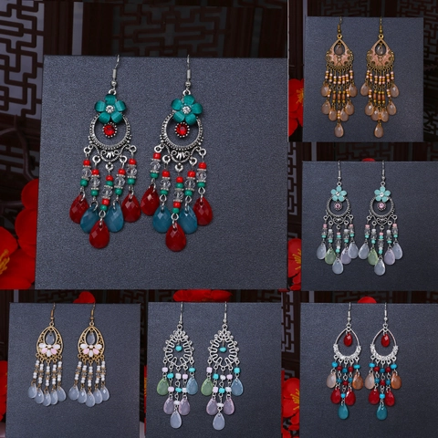 Bohemian Tassel Drop Earrings For Women Ethnic Style Alloy Colorful Beads Rhinestone Vintage Geometric Jewelry