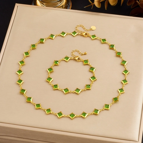 Joyas De Collar Y Pulsera Retro Acero Inoxidable Chapado En Oro Piedras De Vidrio Cuadradas Verdes Elegante Para Mujer