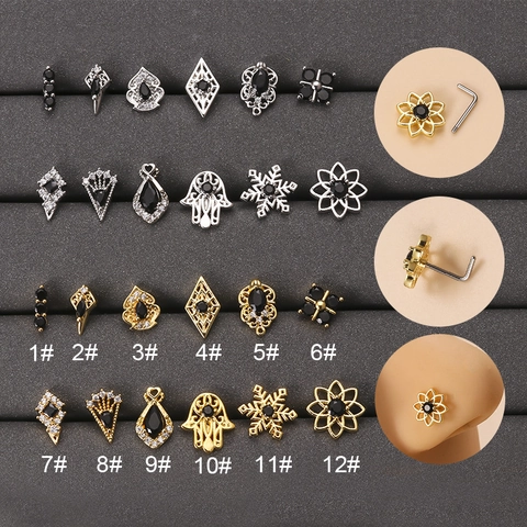 Clou de Nez en Forme de L en Acier Inoxydable 20G Rétro Gothique Zirconia Noir Flocon de Neige Géométrique Bijoux de Piercing pour Femme