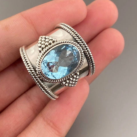 Vintage Breiter Ring Großer Ovaler Blauer Glasstein Bohemian Ethno Stil Legierung Silberton Damen