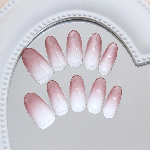 Handmade Plum Gradient Cat Eye Press On Nails Oval Shape Ombre Shimmer Reusable False Nails For Women Salon Manicure