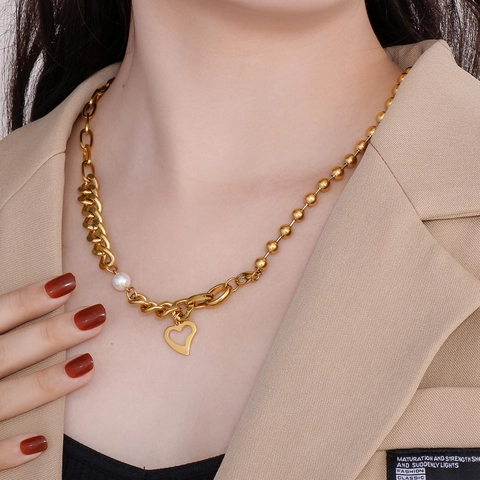 Edelstahl Herz Anhänger Halskette Asymmetrische Künstliche Perle Und Kette Modeschmuck Für Frauen