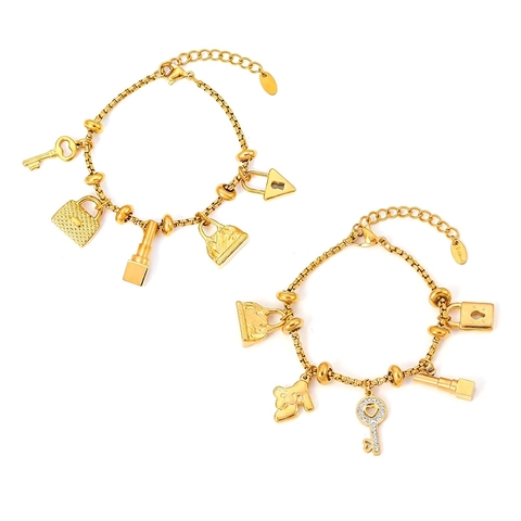 Bracciale Con Ciondoli Moda Da Donna Acciaio Al Titanio Placcato Oro 18K Zirconia Chiave Lucchetto Borsa Rossetto Regolabile