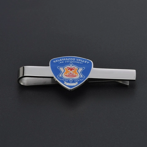 Men Business Formal Stainless Steel Tie Clip With Blue Enamel Law Enforcement Shield Badge Motif Silver Tone