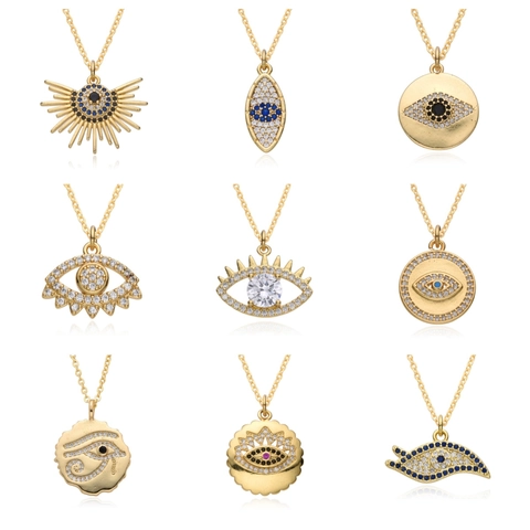 Retro 18K Gold Plated Copper Evil Eye Pendant Necklace For Women Micro Inlaid Rhinestone Geometric Hollow Out Fashion Jewelry