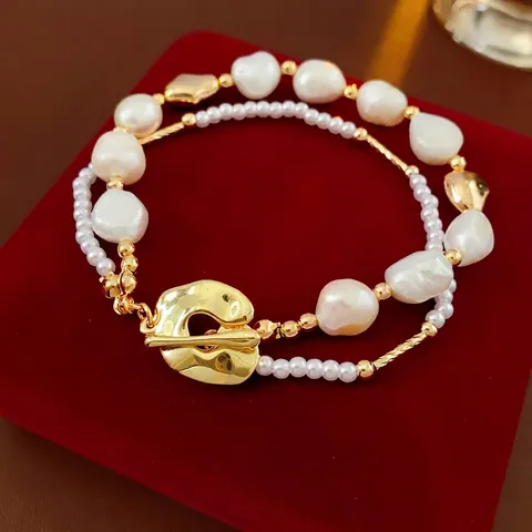 Pulsera De Perlas De Agua Dulce De Doble Capa Vintage Francés Cuentas De Cobre Chapadas En Oro Joyería Barroca Mujeres