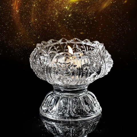 Transparent Glass Lotus Candle Holder Auspicious Symbols Relief Buddhist Offering Home Decor Tealight Lamp