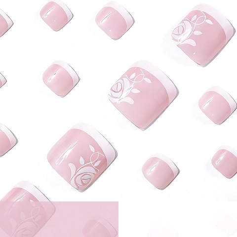 Glossy Press On Fußnägel Mit Weißen Rosenmustern French Tip Rosa Künstliche Nägel Für Damen Füße Nagelspitzen