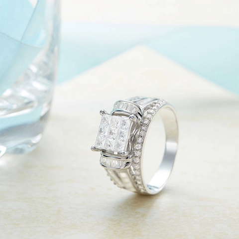 Bague De Mariage De Luxe Pour Hommes Cuivre Zircone Pavé Carré Coupe Princesse Style Business Bijoux Couleur Argent