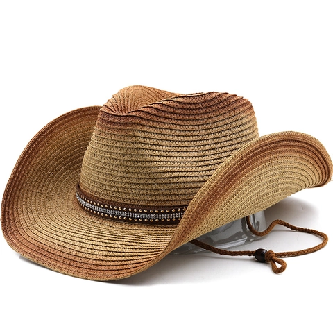 Cappello Da Cowboy In Paglia Di Carta Sfumato Tesa Larga Fascia Strass Rivetti Protezione Solare Pieghevole