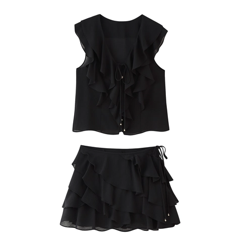 Dames Mouwloze Top Met Ruches En Gelaagde Rok Katoenmix V Hals Veters Casual Streetstyle Zwart