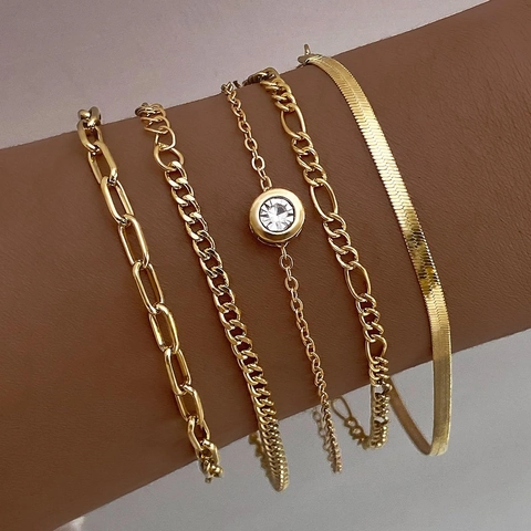 Gold Armband Schmuck Für Damen Stapelbar Mehrlagig Messing 14K Vergoldet Figaro Curb Slangenketten Mode Accessoires