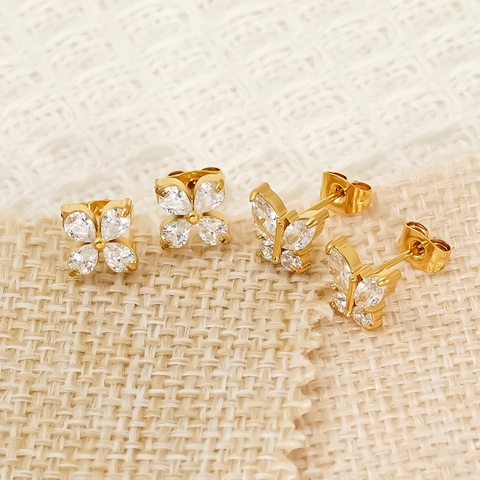 Butterfly Flower Star Zircon Stud Earrings 18K Gold Plated Stainless Steel Elegant Sparkle Jewelry For Women