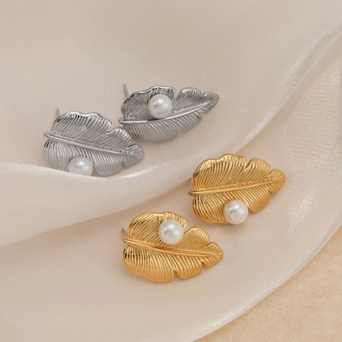 Eleganti Orecchini A Lobo A Foglia In Acciaio Inossidabile 304 Con Perla Artificial Placcati Oro Gioielli Per Donna
