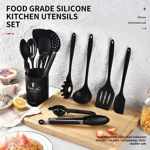 Utensili Cucina Silicone Acciaio Inossidabile Resistente Calore Antiaderente Cottura Spatola Mestolo Frusta Pinza Secchio