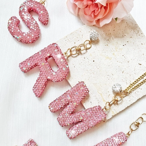 Funkelnder Strass Initialen Buchstaben Anhänger Schlüsselanhänger Verstellbare Legierung Rosa Taschenanhänger Zubehör