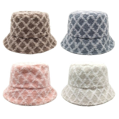 Plüsch Fischerhut Verdickt Warm Winter Argyle Gittermuster Lammwolle Kunstpelz Solid Color Outdoor Anglerhut Damen Herren