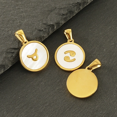 Collier Pendentif Constellation Du Zodiaque En Acier Inoxydable Plaqué Or 18K Nacre Ronde Bijoux Pour Femmes
