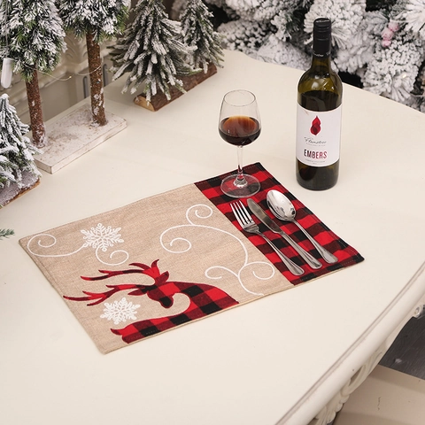 Mantel Individual Navidad Reno Cuadros Rojo Negro Copo De Nieve Estilo Lino Decoración Mesa Comedor Festivo