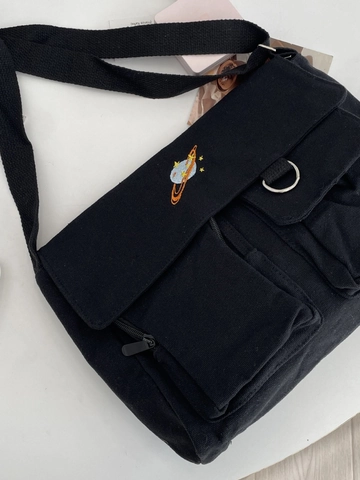 Sac Bandoulière En Toile Femmes Sacoche Multi-Poches Avec Broderie De Planète Style Coréen Minimaliste