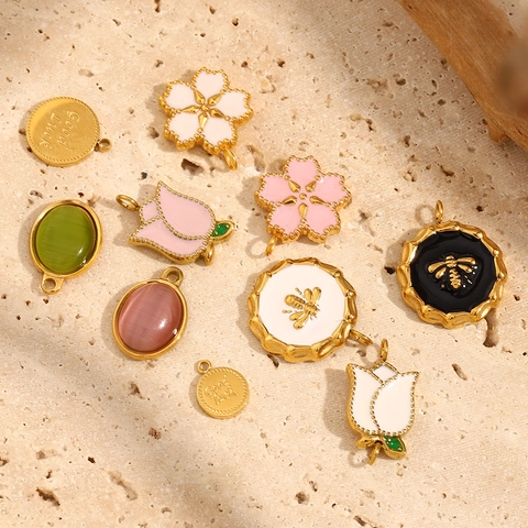 Stainless Steel Pendants 18K Gold Plated Flower Bee Good Luck Charms Enamel Oil Drop DIY Jewelry Making Accessories Women