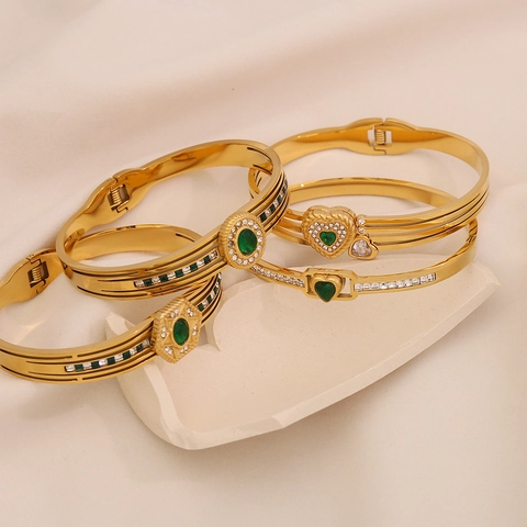 Bracciale Rigido In Acciaio Inossidabile Placcato Oro Vintage Vetro Verde Smeraldo Intarsiato Gioielli Geometrici Donna