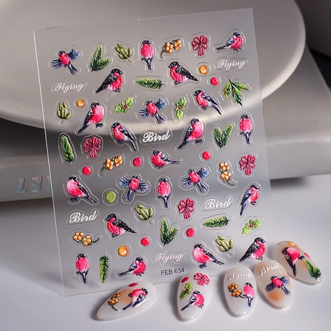 Autocollants Pour Ongles 5D Embossés Oiseau Volant Pin Baie Design Auto-Adhésifs Imperméables Manucure DIY Pour Femmes