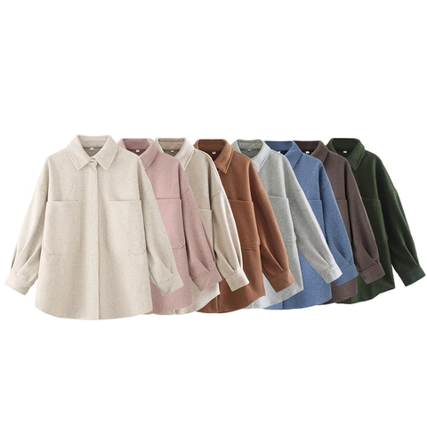 Women Woolen Shacket Jacket Oversized Long Sleeve Lapel Drop Shoulder Dual Pocket Minimalist Fall Outerwear