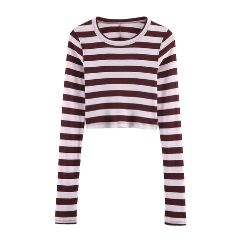 Top Corto A Righe In Maglia Da Donna Manica Lunga Girocollo Slim Fit Poliestere Rosa Marrone
