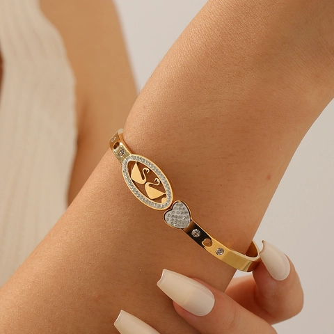 Bracciale Rigido In Acciaio Inossidabile Placcato Oro Doppio Cigno Cuore Per Donna Elegante Cavo Con Strass