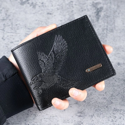 Eagle Embossed Men Short Bifold Wallet Lychee Grain Leather Vintage Business Card Holder Purse With Metal Decor
