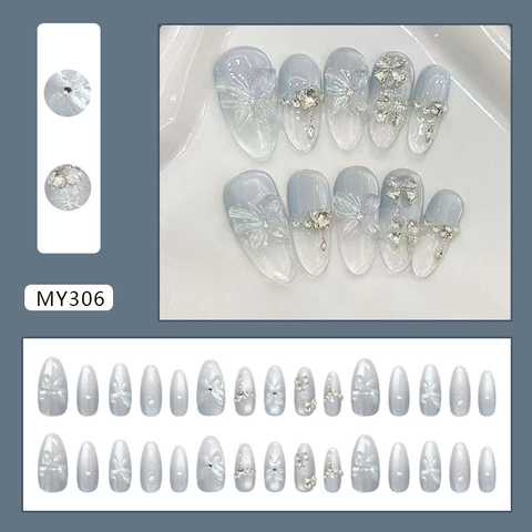 Uñas Postizas De Mariposa Degradado Azul 3D Trébol Rhinestone Perla Artificial Ojo De Gato Almendra Largas Para Mujeres Elegante