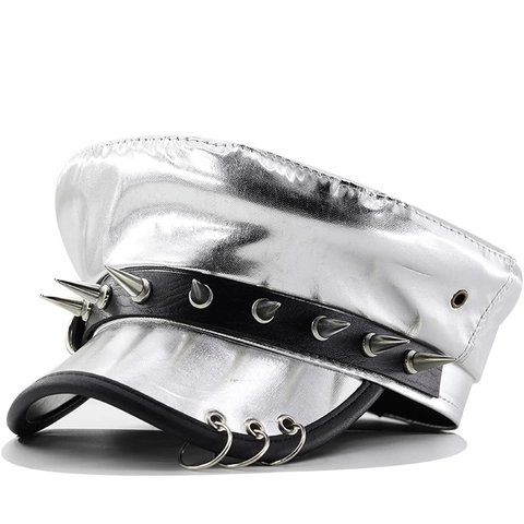 Punk Silver PU Leather Flat Top Hat Metallic Luster Military Cap With Metal Spikes Rings Gothic Performance For Women