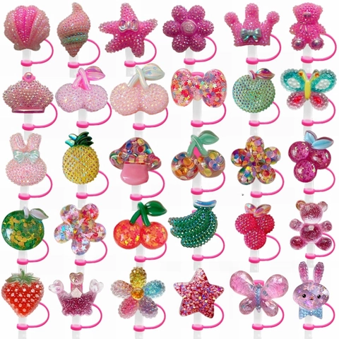 Resin Straw Topper Cover Rhinestone Glitter Silicone Dust Proof Plug Decorative Accessory For Tumblers Cups