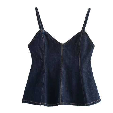 Women Denim Peplum Camisole Top V Neck Spaghetti Strap Back Zipper Dark Blue Sexy Streetwear Sleeveless