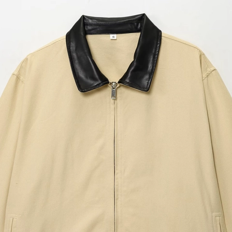 Damen Casual Khaki Harrington Jacke Mit Schwarzem Kunstleder-Patchwork-Kragen Streetwear Lockere Reißverschluss-Oberbekleidung Mantel