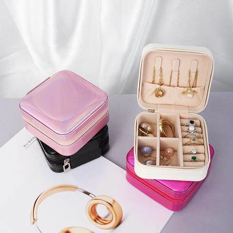 Portable PU Leather Jewelry Organizer Case Travel Small Jewelry Box For Rings Necklaces Earrings Zipper Storage Box Women