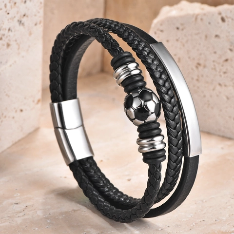 Herren Armband Geflochtenes Leder 316L Edelstahl Fußball Perle Magnetverschluss Doppellagig Sportlicher Schmuck
