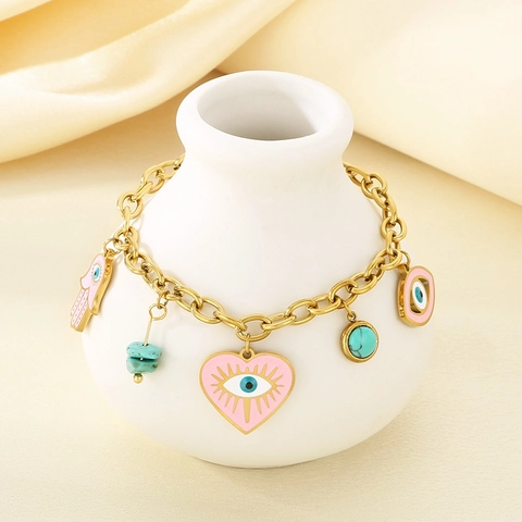 Evil Eye Hamsa Hand Herz Anhänger Armband Edelstahl Rosa Emaille Türkis Böhmischer Modeschmuck Für Damen