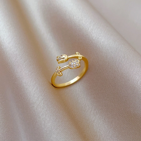 Bague Ouverte Fleur Tulipe Laiton Plaqué Or Zircone Cubique Bijoux Floraux Ajustables Pour Femmes Cadeau Minimaliste