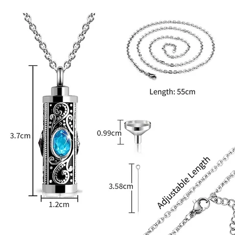 Cylinder Urn Necklace Stainless Steel Memorial Cremation Jewelry Vintage Engraved Birthstone Pendant