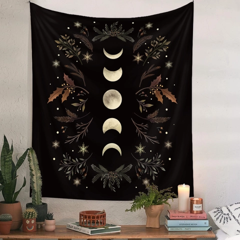 Moon Phase Wall Tapestry Mystical Botanical Hanging Fabric Polyester Bohemian Decor For Bedroom Living Room
