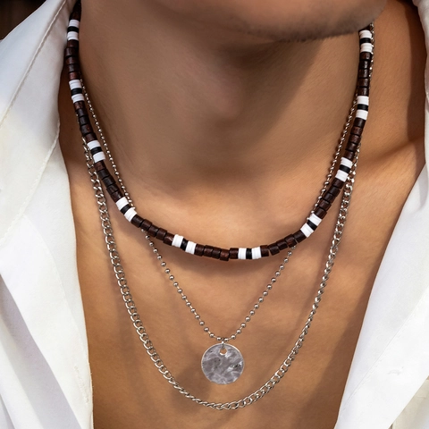 Men Multi-layer Necklace Wood Bead Alloy Cuban Ball Chain Round Pendant Bohemian Casual Jewelry Accessories