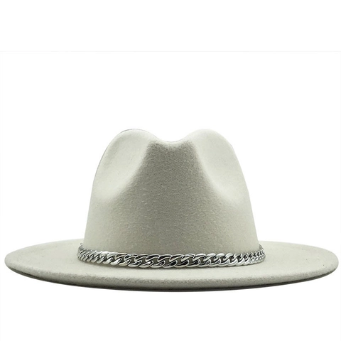 Unisex Wide Brim Fedora Hat Woolen Felt Jazz Hat With Silver Metal Chain Belt Fashion Retro Winter Warm Fedora Hat