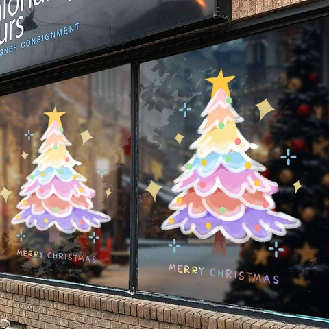 Christmas Tree Window Cling PVC Static Cling Double Sided Colorful Hand Drawn Decoration For Glass Door Restaurant Shop