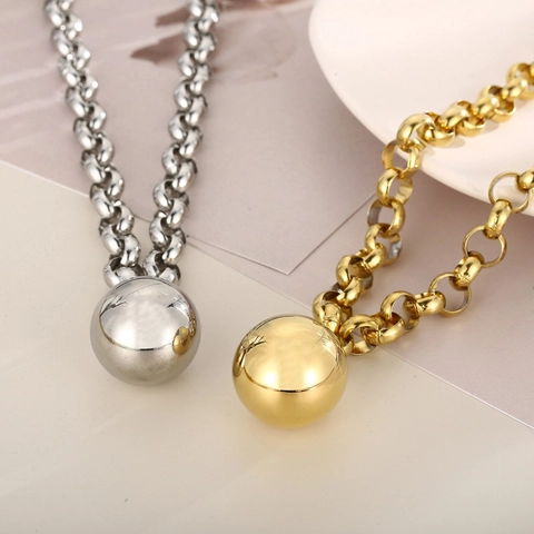 Collana E Bracciale In Acciaio Inossidabile Catena Rolo Spessa Grande Ciondolo A Sfera Lucida Minimalista Moderno Donna