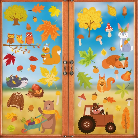 Thanksgiving Window Clings Autumn Static PVC Stickers Double Sided Pumpkin Maple Leaves Turkey Gnomes Fall Decor Glass