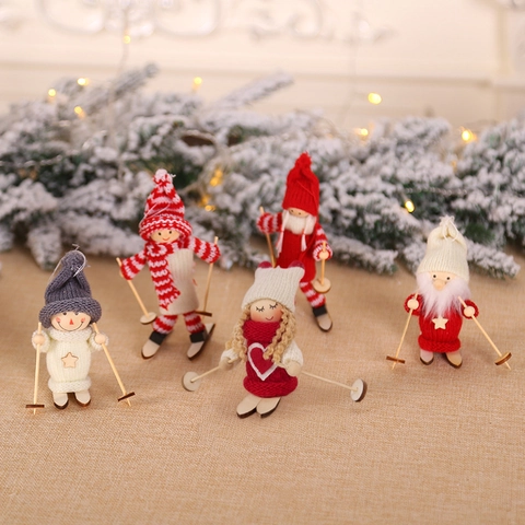 Ornamenti Bambola Sciatore Di Natale Figurine Di Sci In Maglia Di Legno Decorazioni Appese Per Albero Di Natale Tavolo