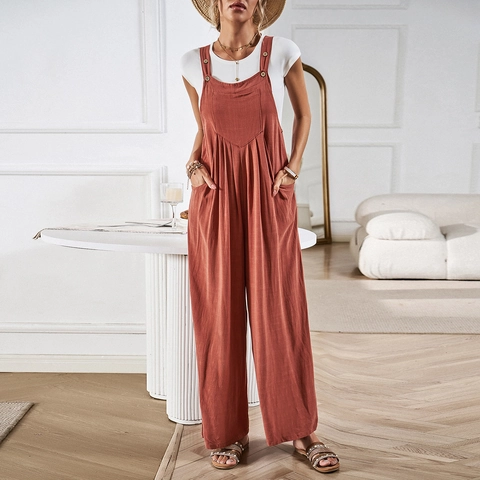 Women Summer Cotton Linen Overalls Jumpsuit Loose Wide Leg Sleeveless Solid Color Casual Romper With Pockets Button Straps
